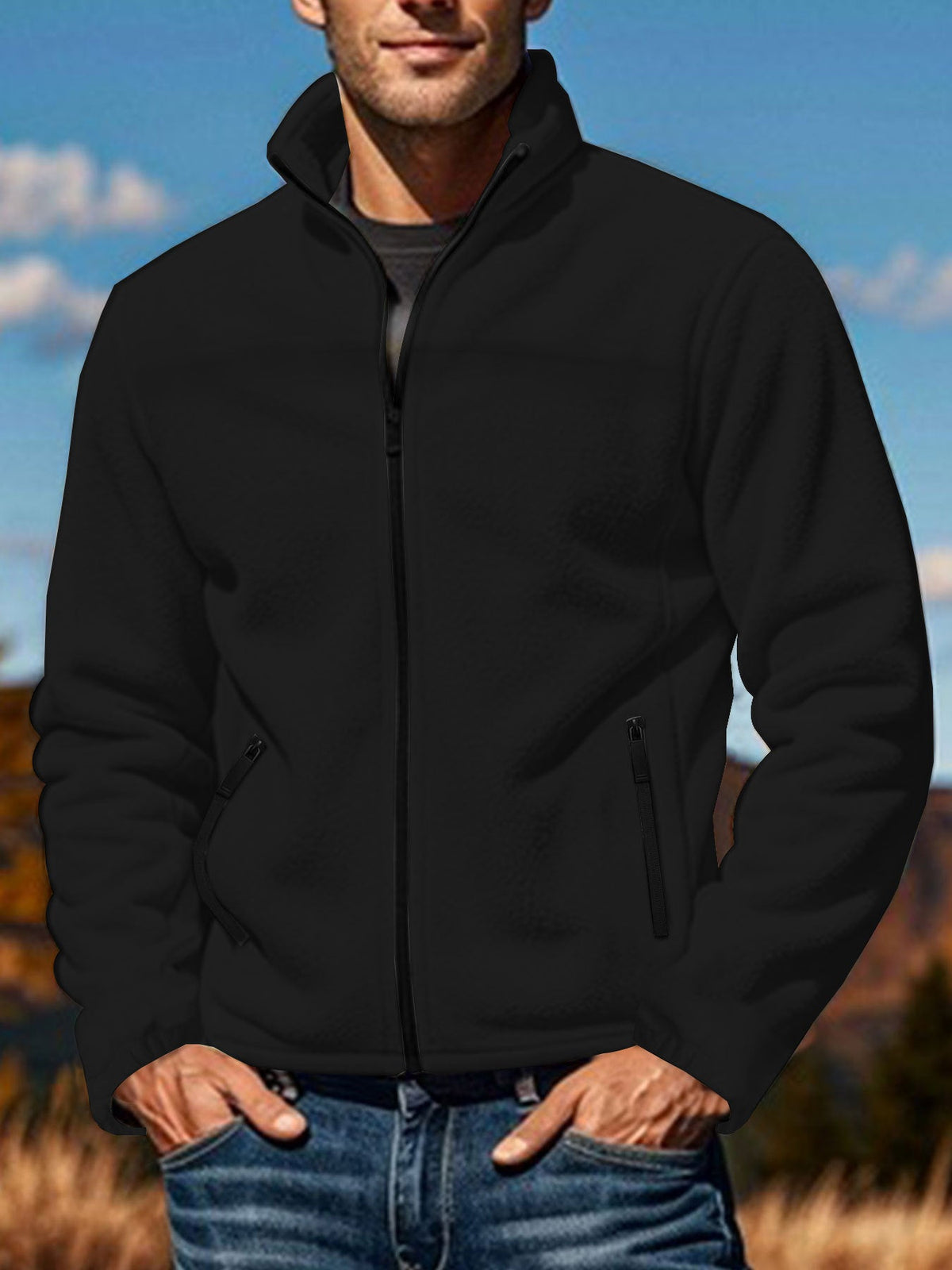 Men's Full-Zip Jacket with Stand-Up Collar and Zip Pockets