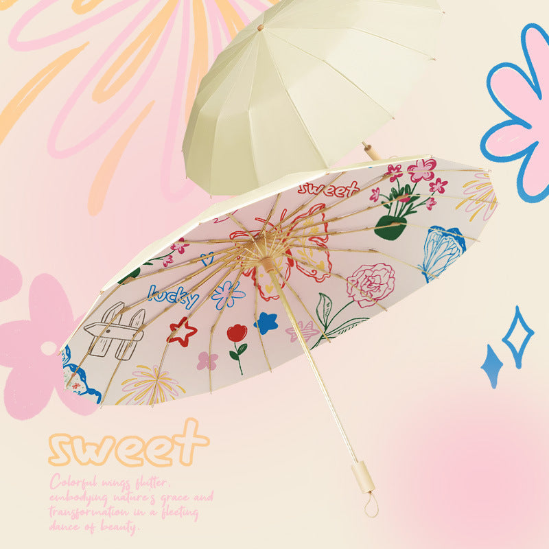 Women's Elegant Folding Parasol with Floral Design and Carrying Case