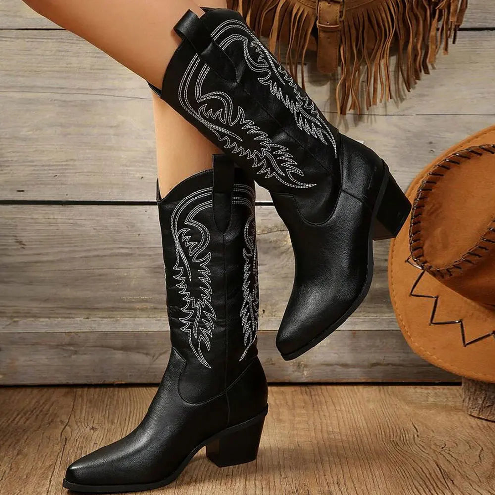Women's Embroidered Mid-Calf Block Heel Cowboy Boots