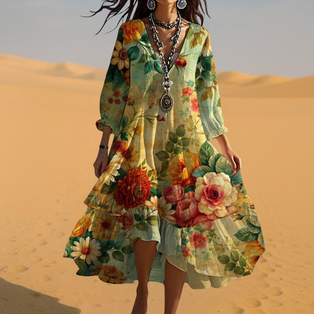 Women's Floral V-Neck 3/4-Sleeve Midi Dress with Tiered Hem