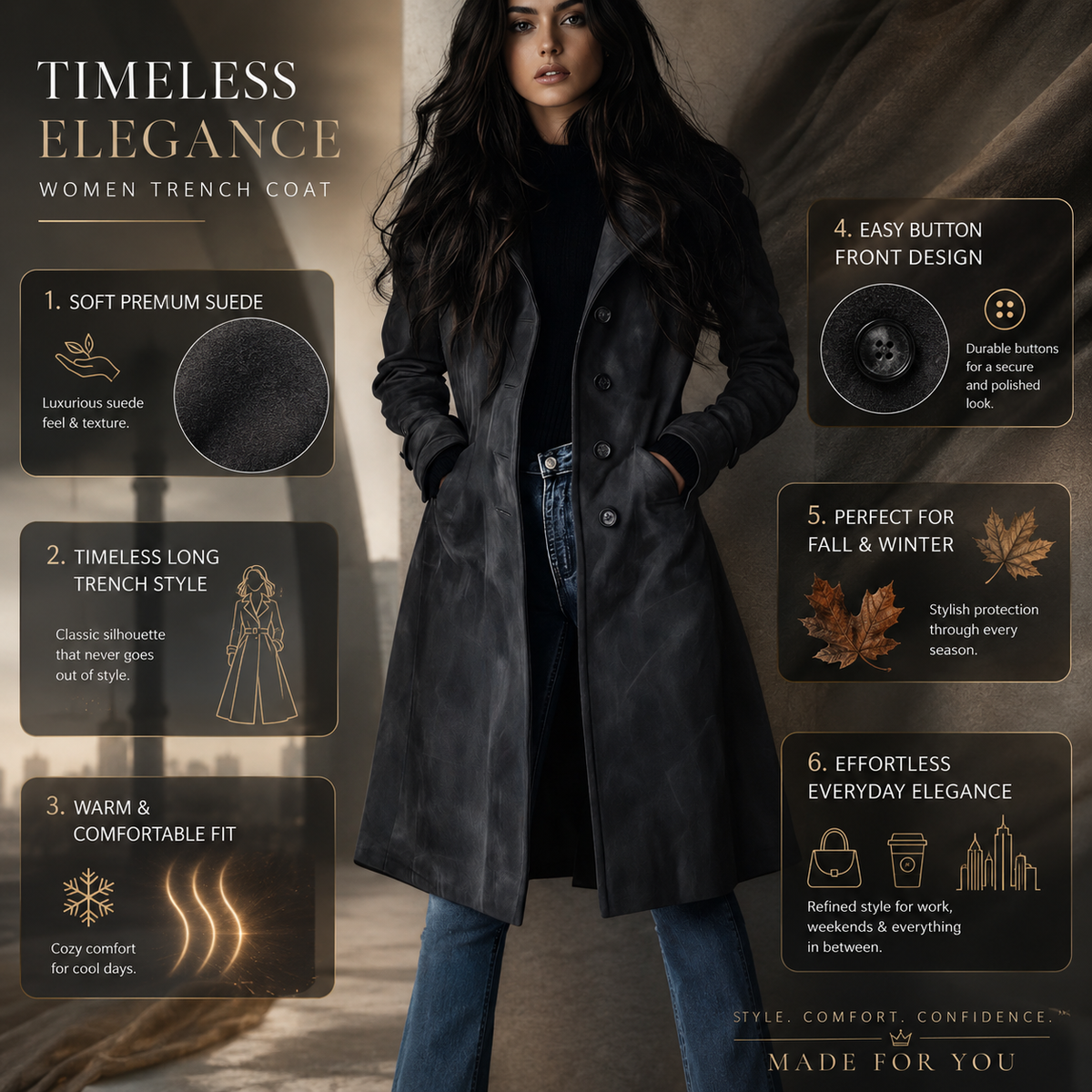 Women's Long Button-Front Fall Trench Coat