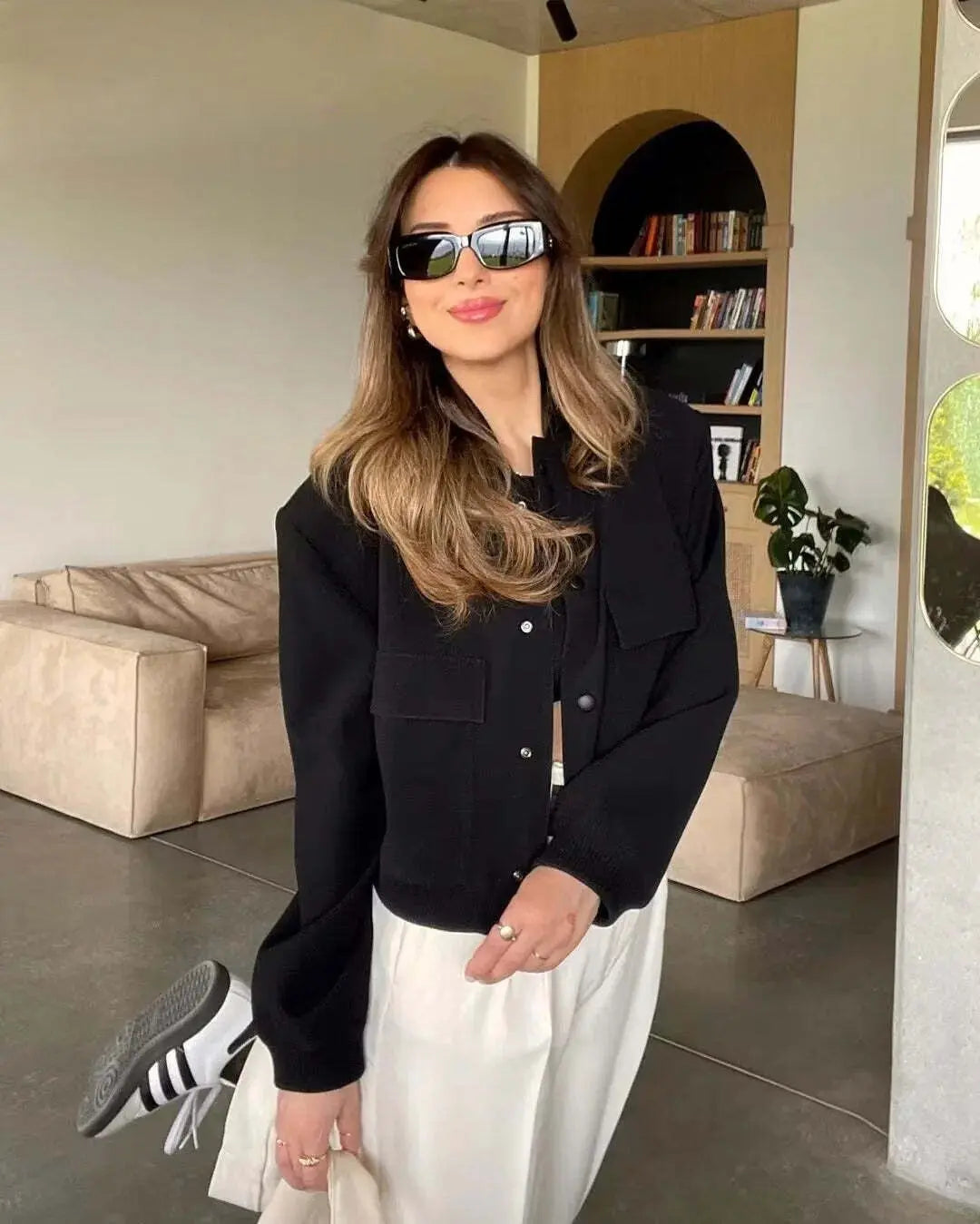 Women's Long-Sleeve Button-Front Cropped Bomber Jacket
