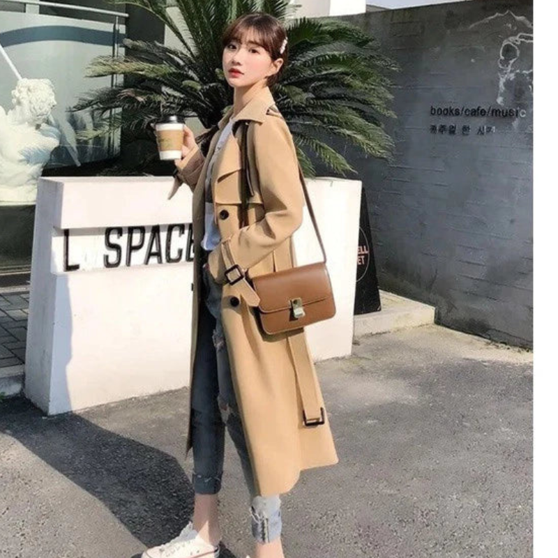 Women's Long Trench Coat with Belt and Long Sleeves