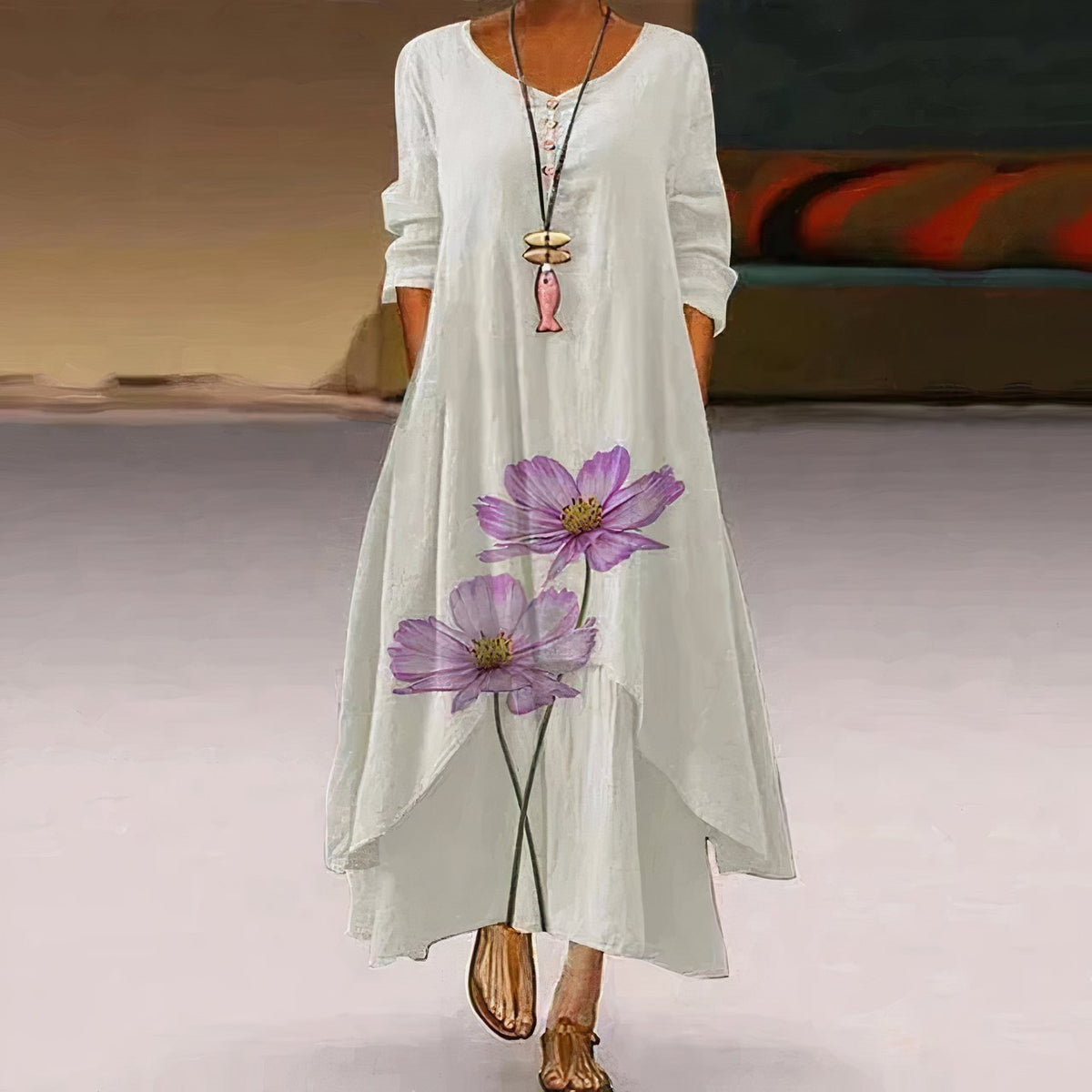 Women's Loose Floral Hem Long Sleeve Round Neck Boho Maxi Dress