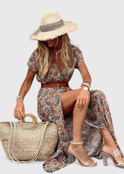 Women's Paisley V-Neck Short Sleeve Belted Boho Maxi Dress