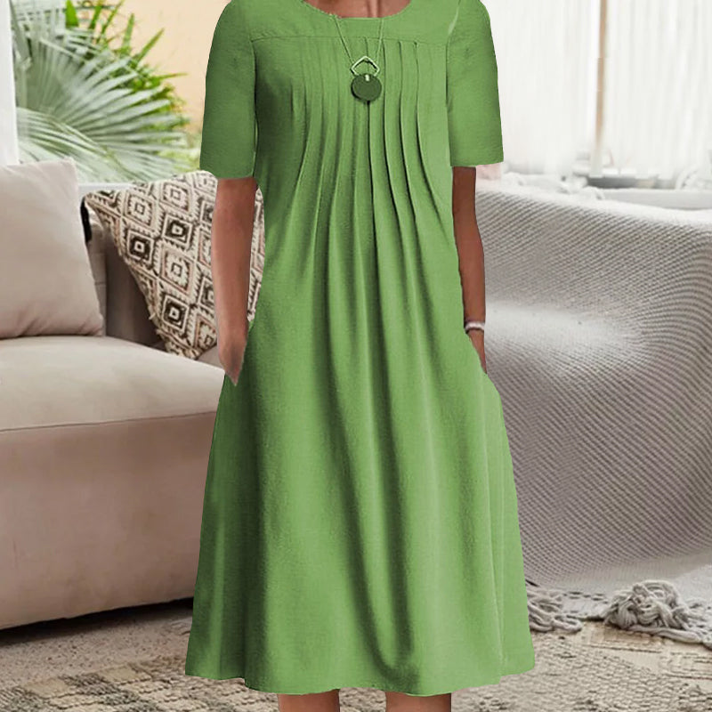Women's Solid Pleated Round-Neck Long-Sleeve Dress