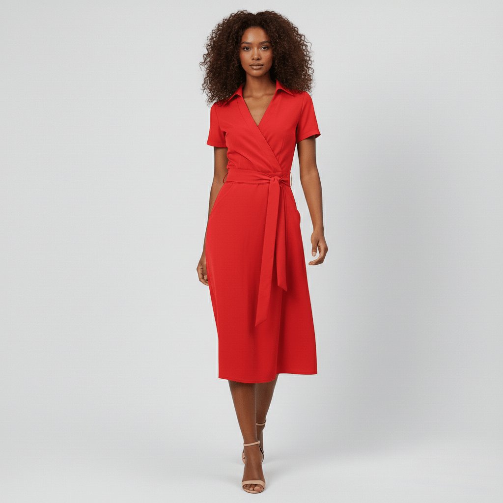 Women's Wrap-Style V-Neck A-Line Midi Dress with Waist Tie