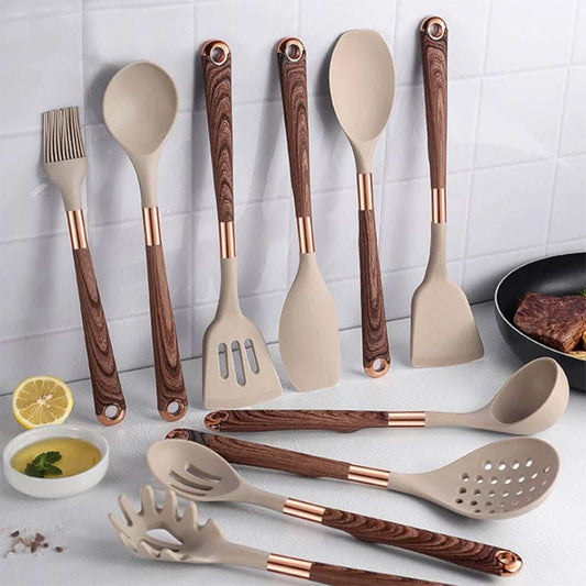10-Piece Silicone Kitchen Utensil Set with Wooden Handles – Heat-Resistant & Non-Stick Safe