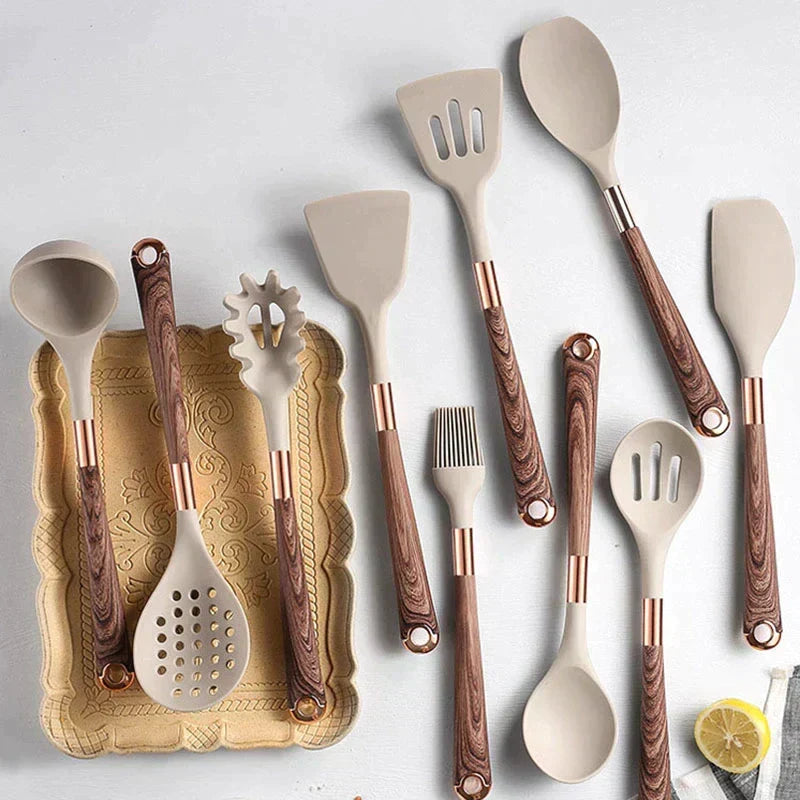 10-Piece Silicone Kitchen Utensil Set with Wooden Handles – Heat-Resistant & Non-Stick Safe