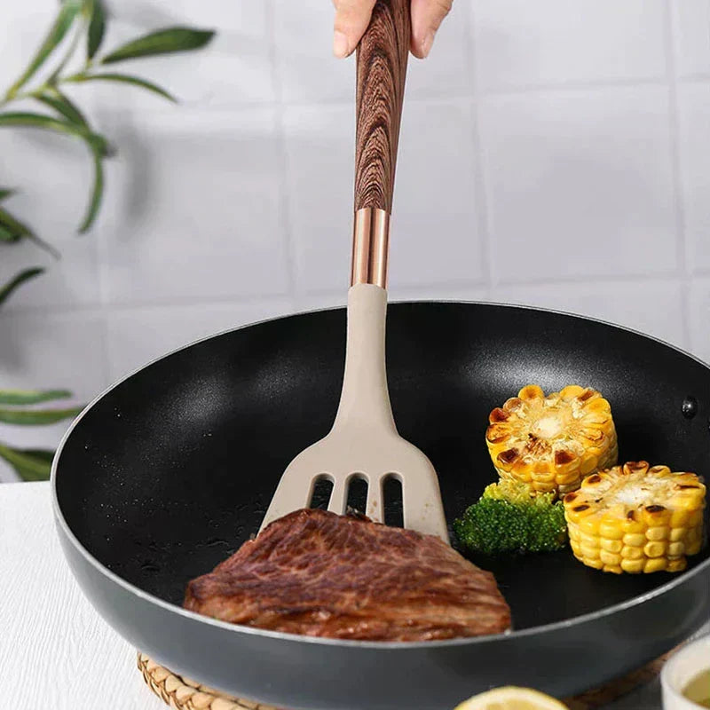 10-Piece Silicone Kitchen Utensil Set with Wooden Handles – Heat-Resistant & Non-Stick Safe