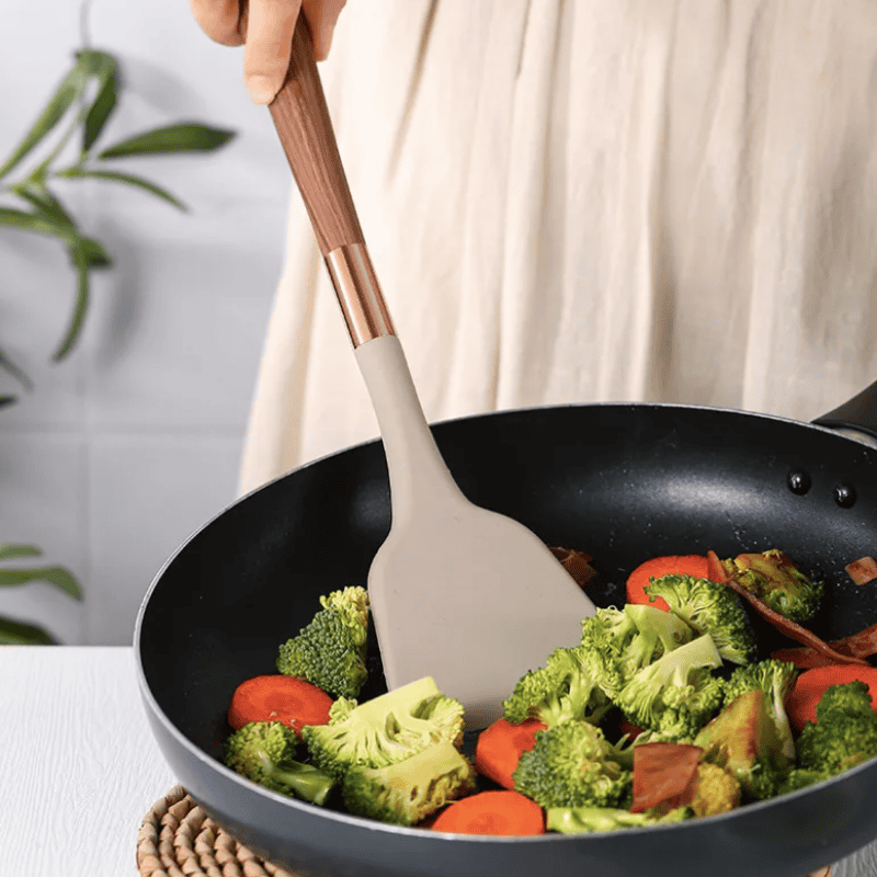 10-Piece Silicone Kitchen Utensil Set with Wooden Handles – Heat-Resistant & Non-Stick Safe