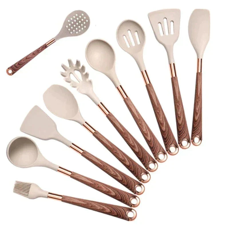 10-Piece Silicone Kitchen Utensil Set with Wooden Handles – Heat-Resistant & Non-Stick Safe
