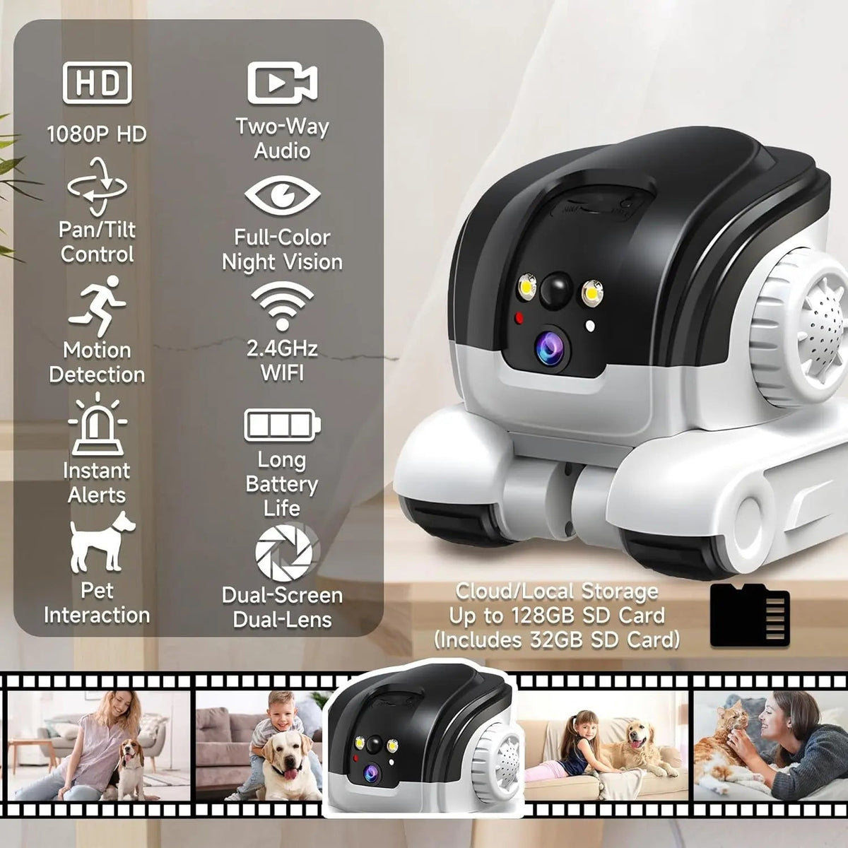 1080P Pet Camera – Two-Way Audio – Color Night Vision up to 10m – Motion Alerts – 32GB SD Card