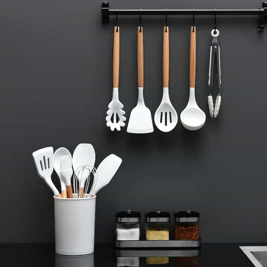 11-Piece Wooden and Silicone Kitchen Utensil Set with Holder (Black or White)