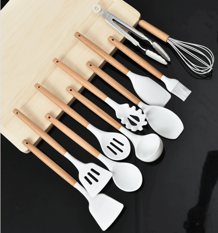 11-Piece Wooden and Silicone Kitchen Utensil Set with Holder (Black or White)