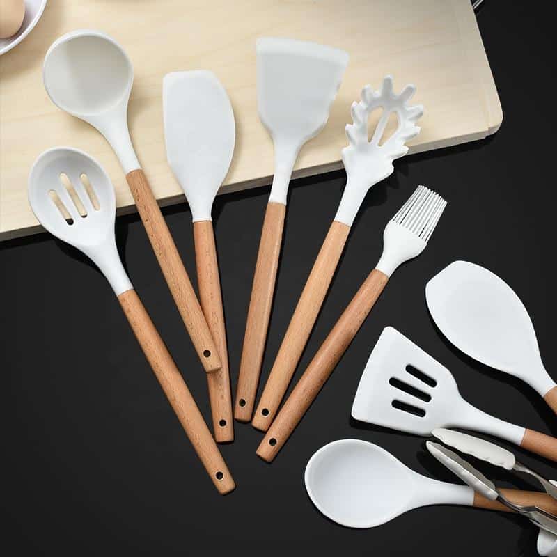11-Piece Wooden and Silicone Kitchen Utensil Set with Holder (Black or White)