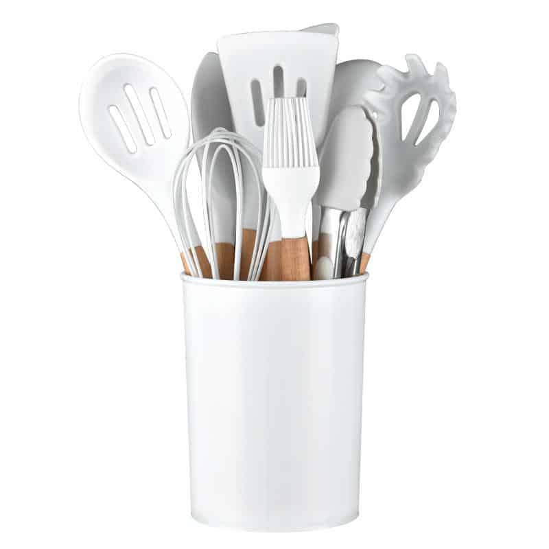 11-Piece Wooden and Silicone Kitchen Utensil Set with Holder (Black or White)