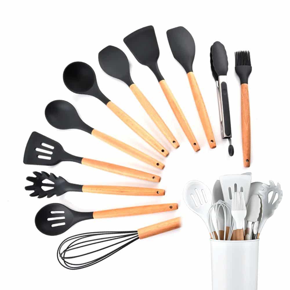 11-Piece Wooden and Silicone Kitchen Utensil Set with Holder (Black or White)