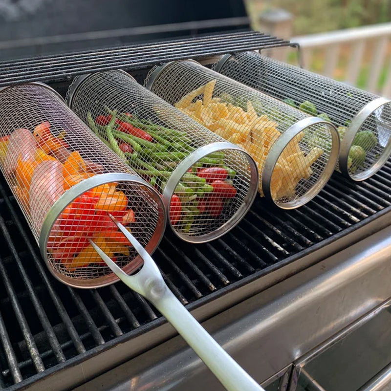 360° Rotating Stainless Steel Grill Basket for Even Cooking