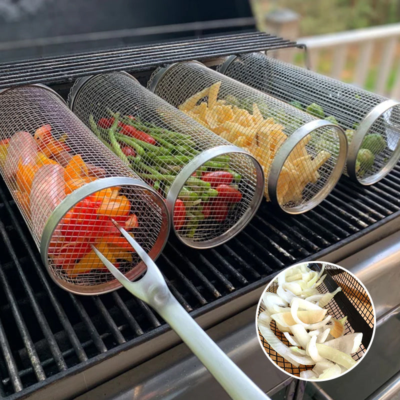 360° Rotating Stainless Steel Grill Basket for Even Cooking