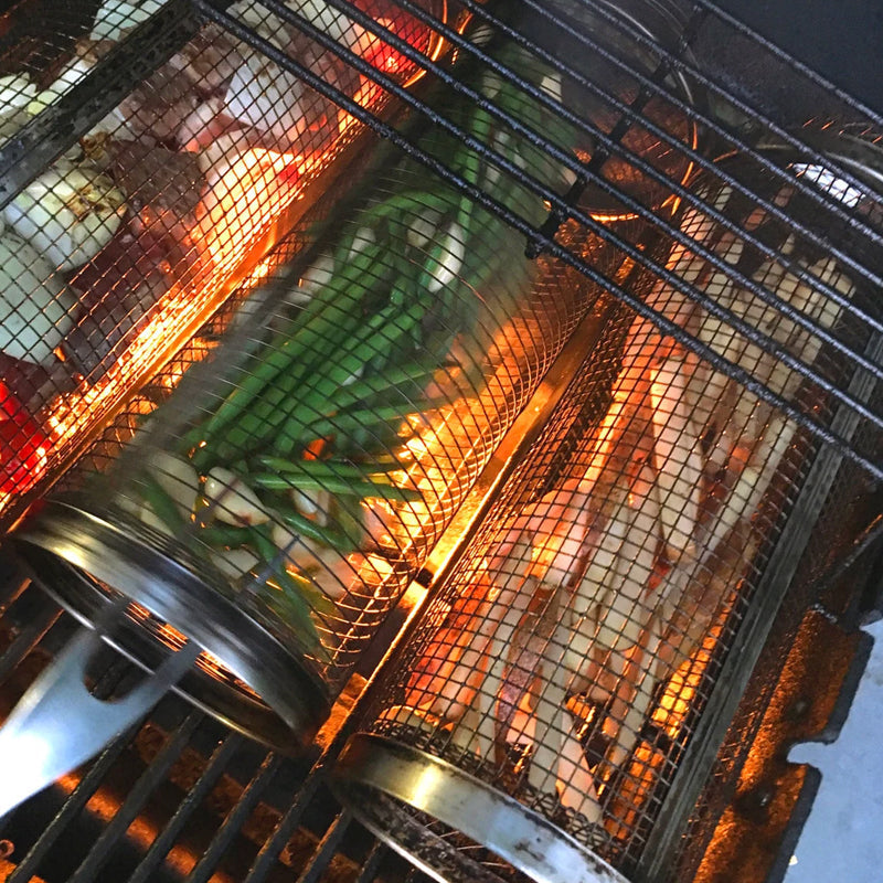 360° Rotating Stainless Steel Grill Basket for Even Cooking