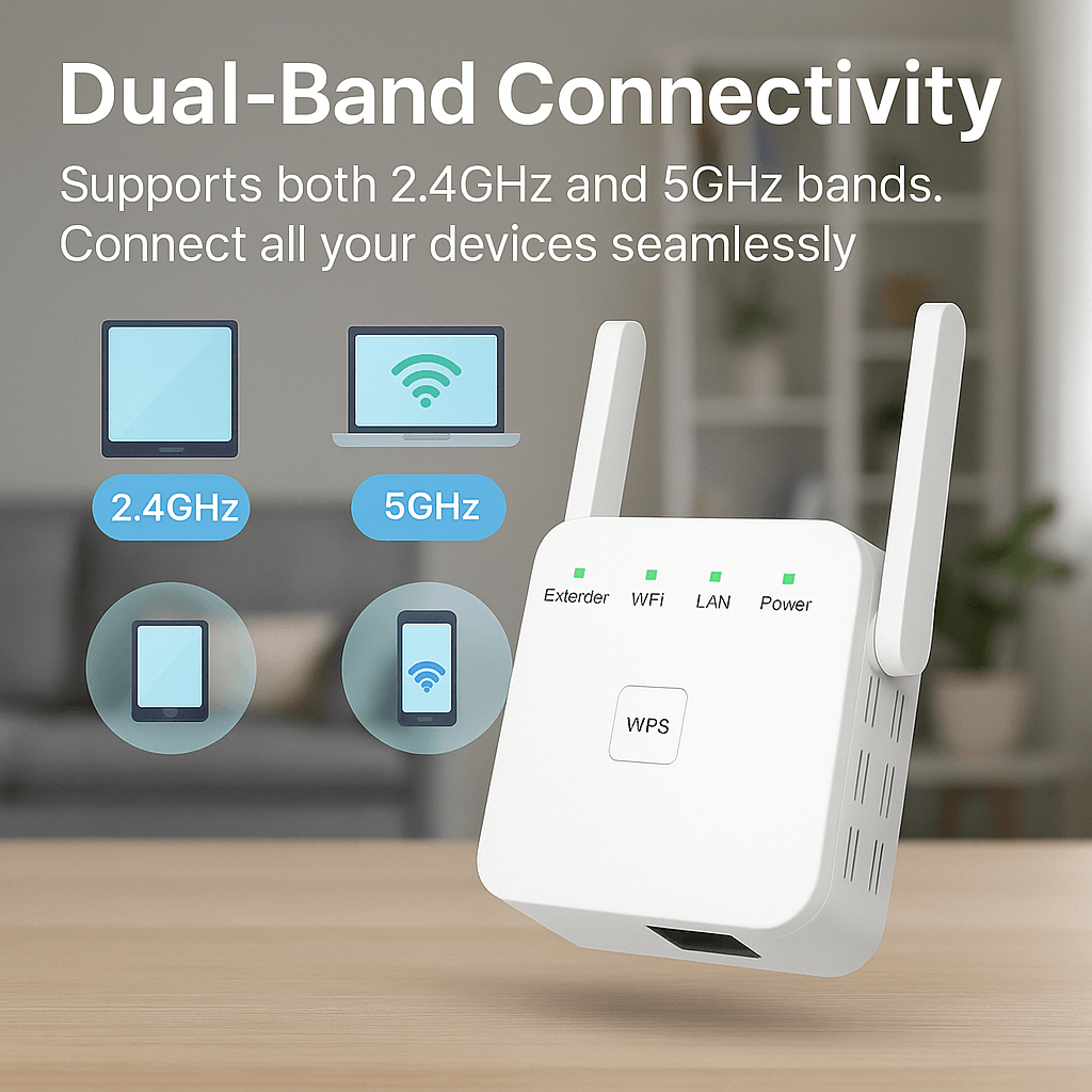 5G Dual-Band WiFi Extender, 300Mbps, Up to 1000 ft Range with WPS
