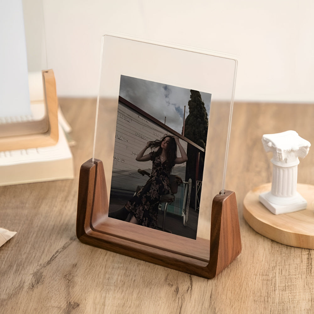 Acrylic Tabletop Photo Frame with U-Shaped Wooden Stand