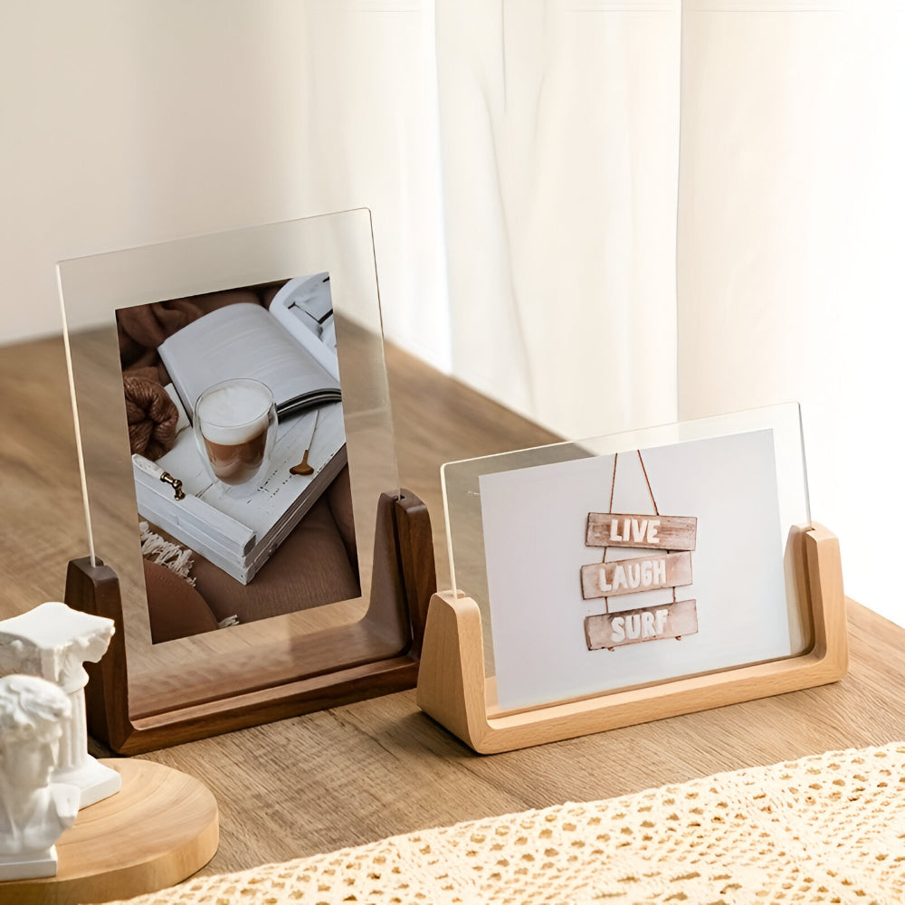 Acrylic Tabletop Photo Frame with U-Shaped Wooden Stand