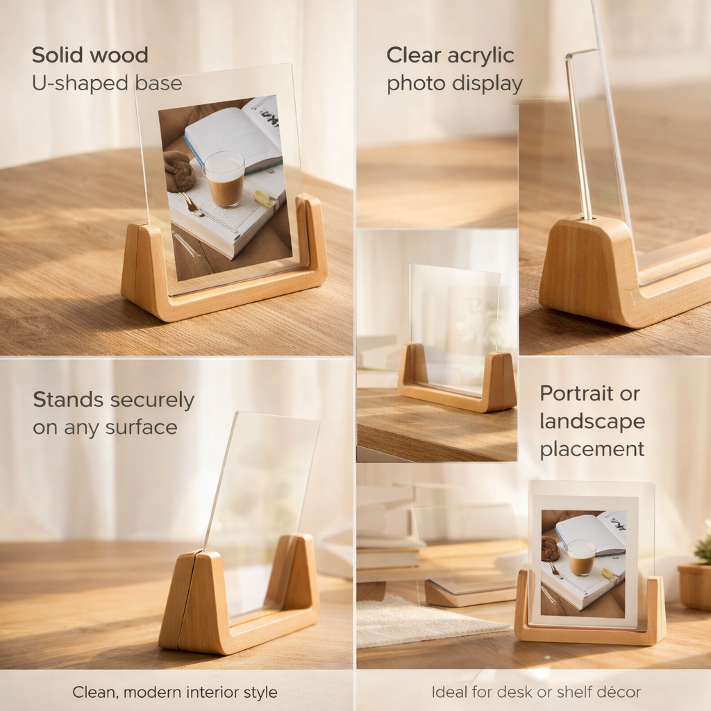 Acrylic Tabletop Photo Frame with U-Shaped Wooden Stand