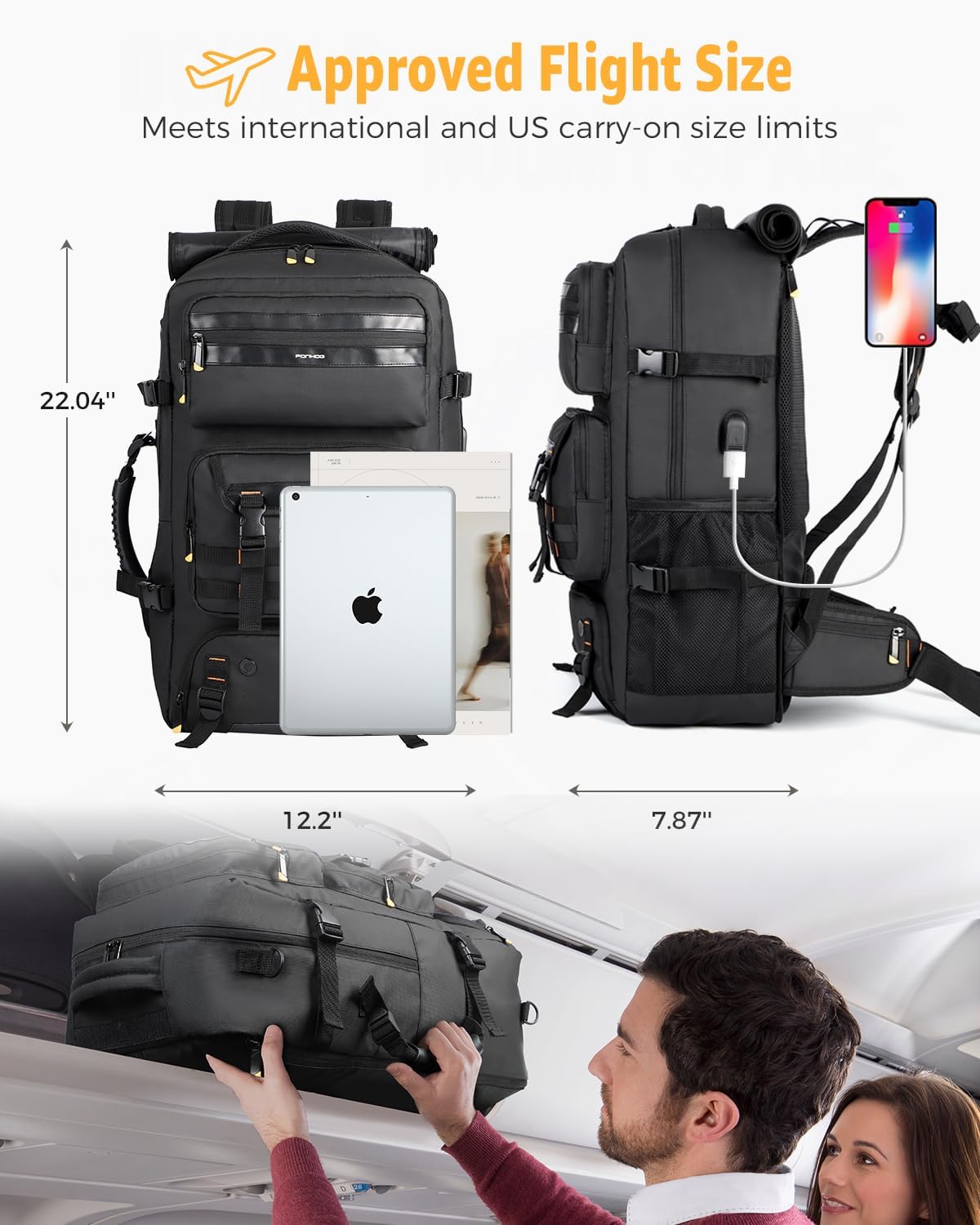 Airline-Approved Travel Backpack with Shoe Compartment and Fold-Away Carry Straps
