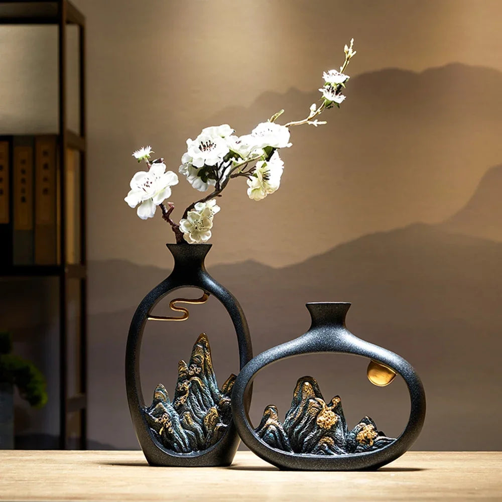 Artistic Ceramic Mountain Landscape Vase – Black Interior Decor