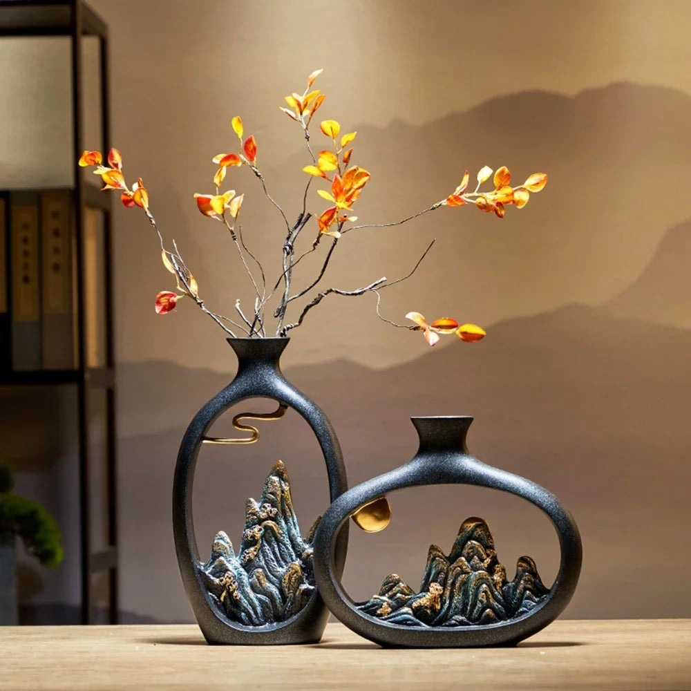 Artistic Ceramic Mountain Landscape Vase – Black Interior Decor
