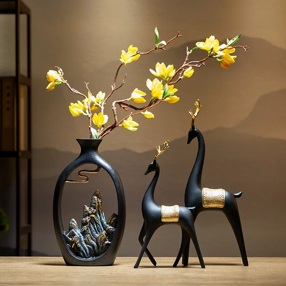 Artistic Ceramic Mountain Landscape Vase – Black Interior Decor