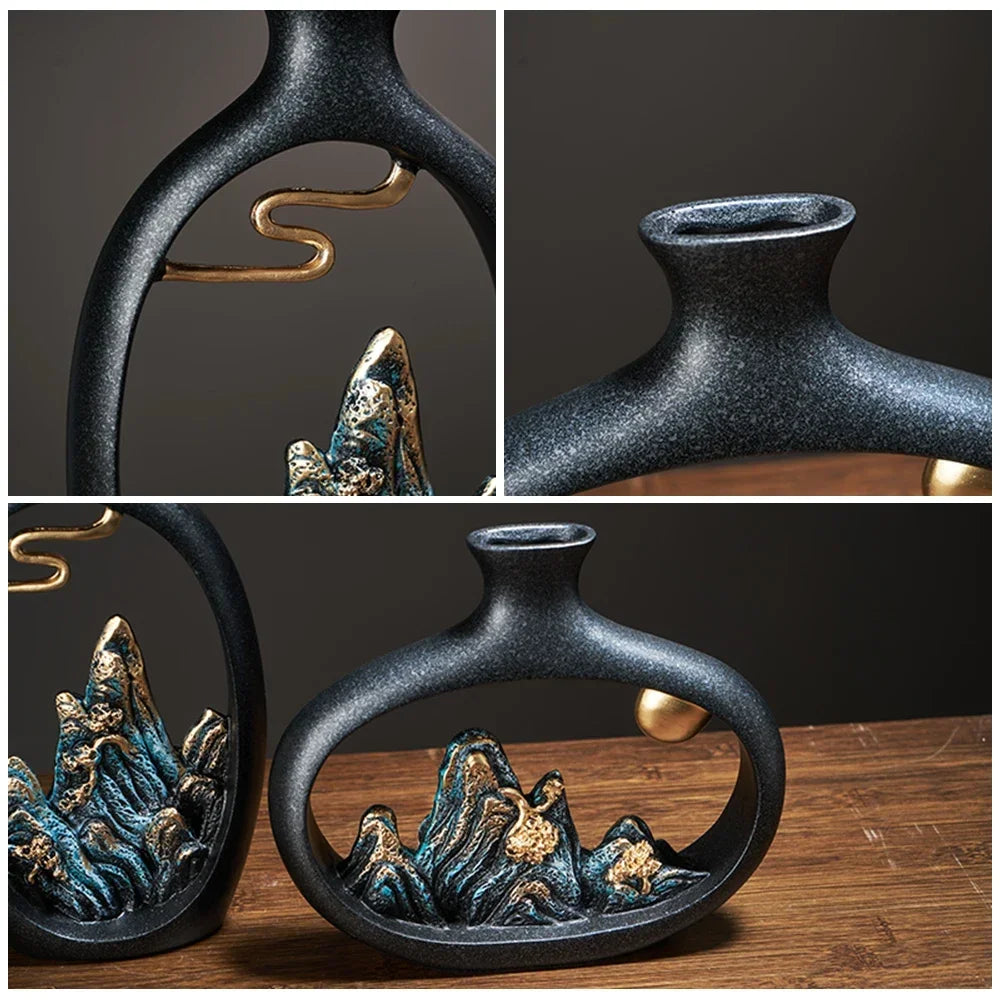 Artistic Ceramic Mountain Landscape Vase – Black Interior Decor