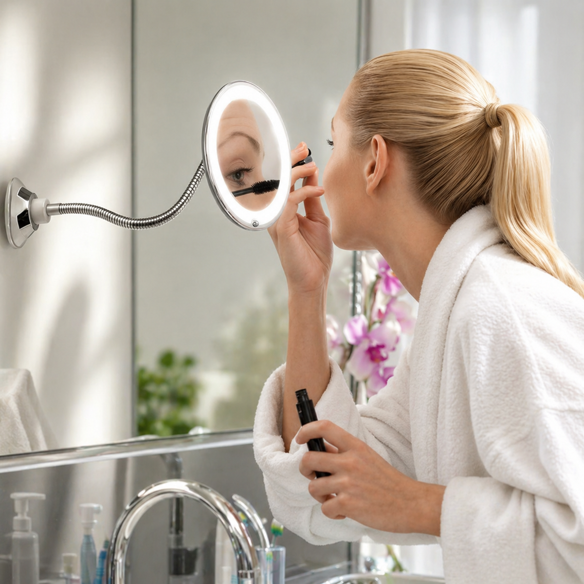 Bathroom Mirror with Magnification, LED Lighting and Flexible Arm
