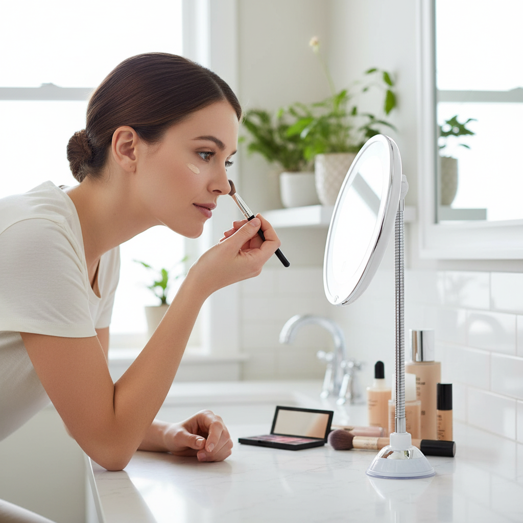 Bathroom Mirror with Magnification, LED Lighting and Flexible Arm