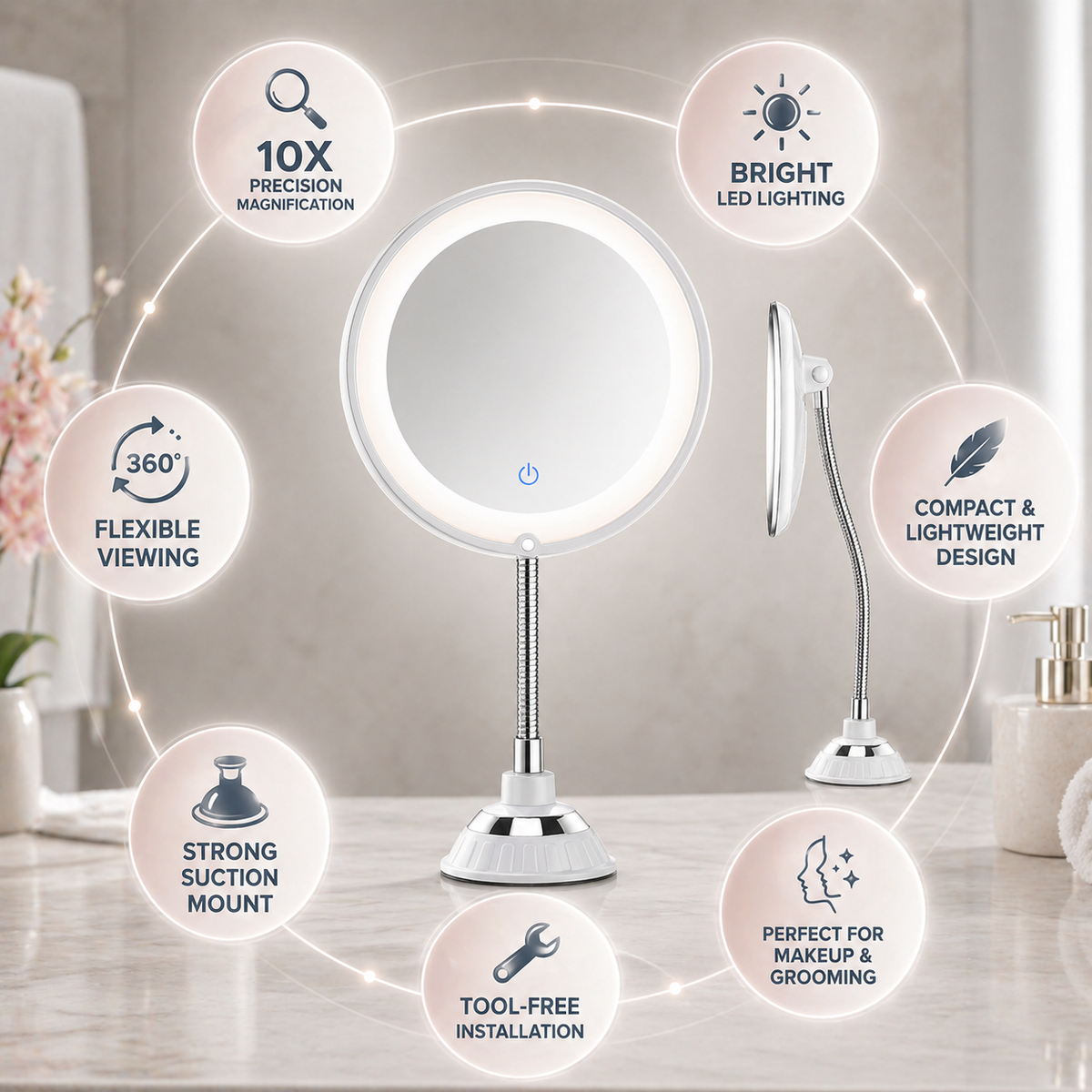 Bathroom Mirror with Magnification, LED Lighting and Flexible Arm