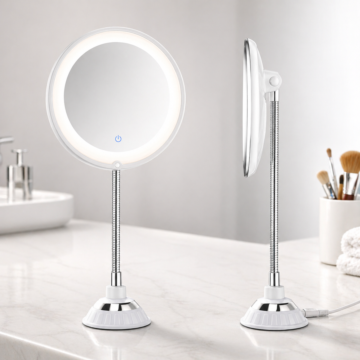 Bathroom Mirror with Magnification, LED Lighting and Flexible Arm