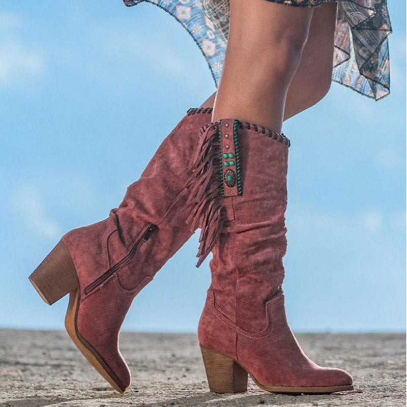 Boho Fringe Western Knee-High Boots with Block Heel