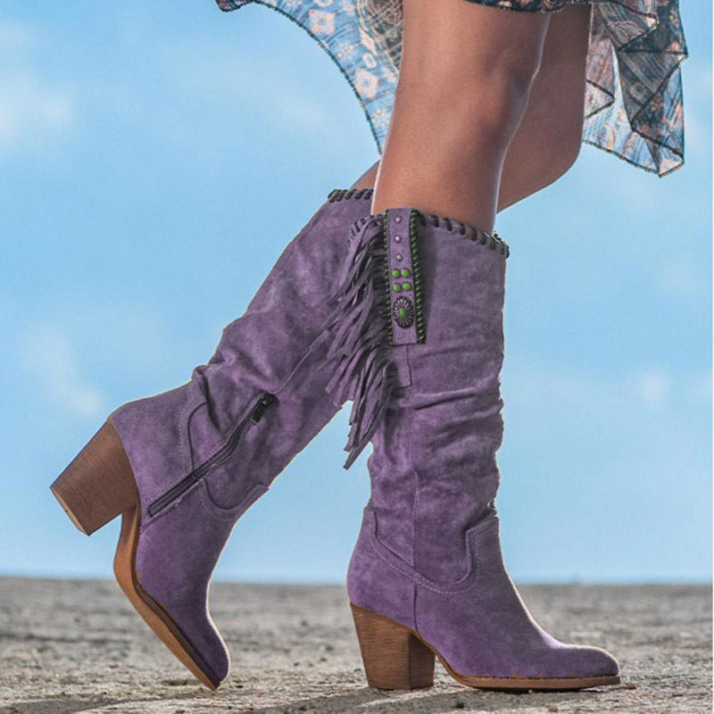 Boho Fringe Western Knee-High Boots with Block Heel