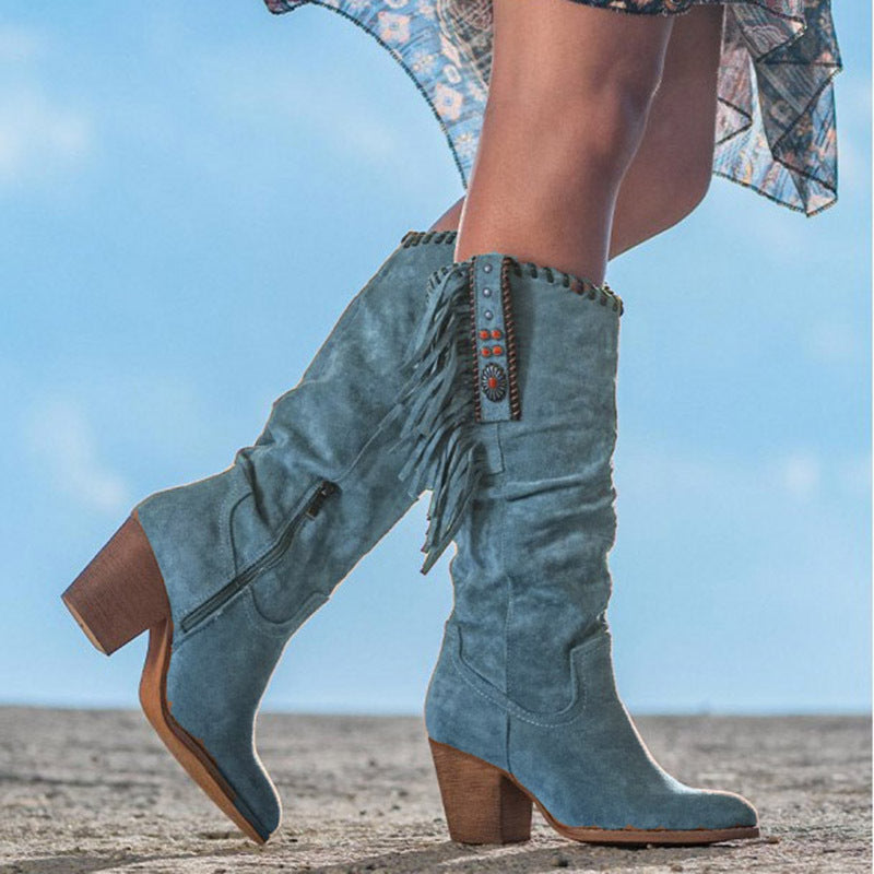Boho Fringe Western Knee-High Boots with Block Heel