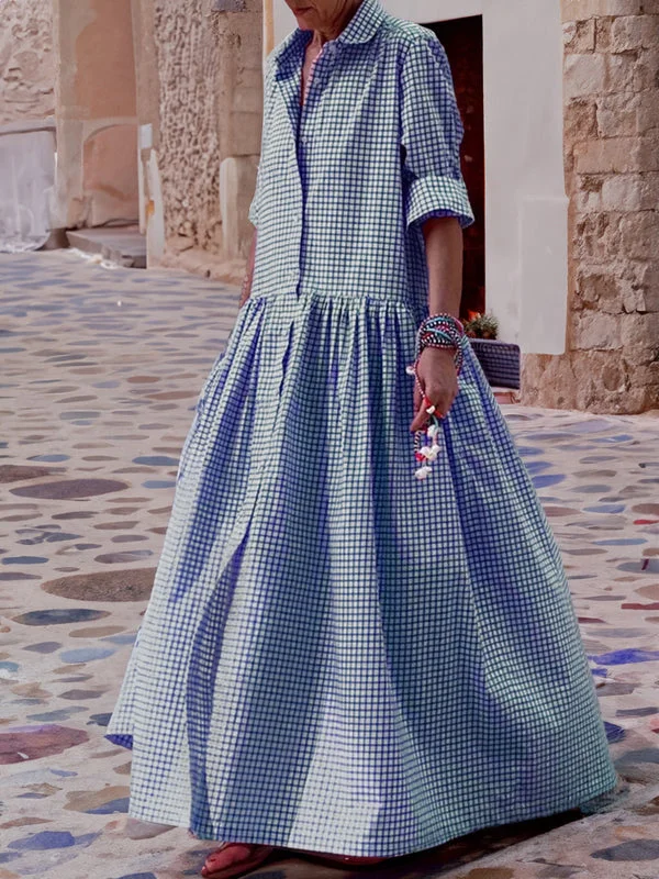 Casual Plaid Long-Sleeved Swing Dress