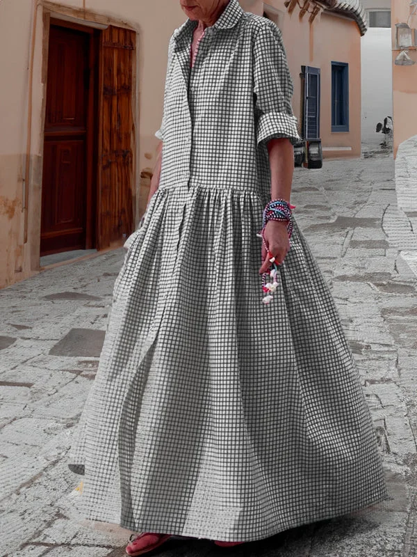 Casual Plaid Long-Sleeved Swing Dress