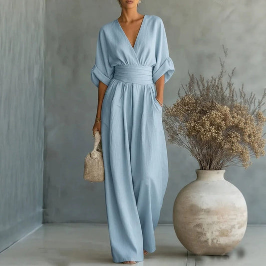 Casual Short-Sleeve V-Neck Wide-Leg Summer Jumpsuit
