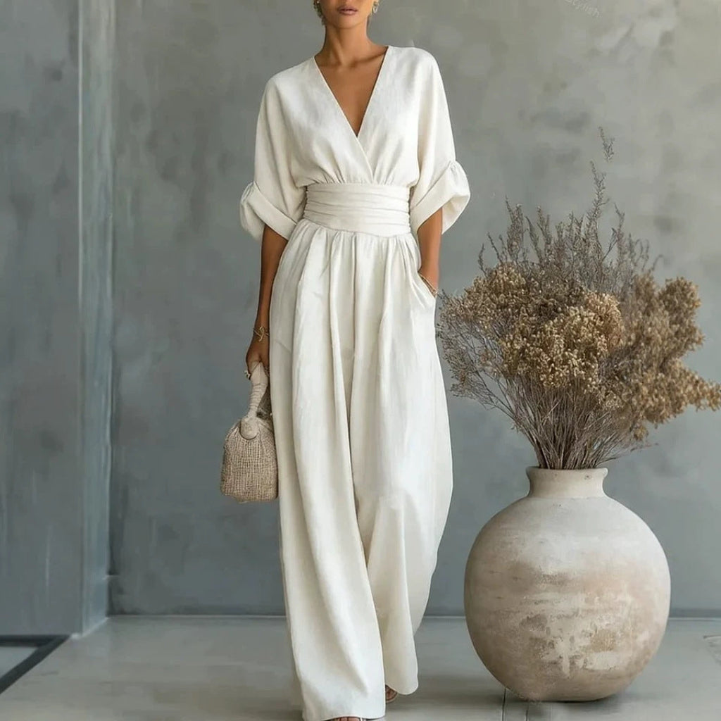 Casual Short-Sleeve V-Neck Wide-Leg Summer Jumpsuit