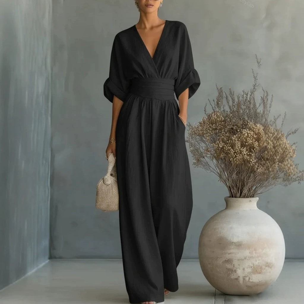 Casual Short-Sleeve V-Neck Wide-Leg Summer Jumpsuit