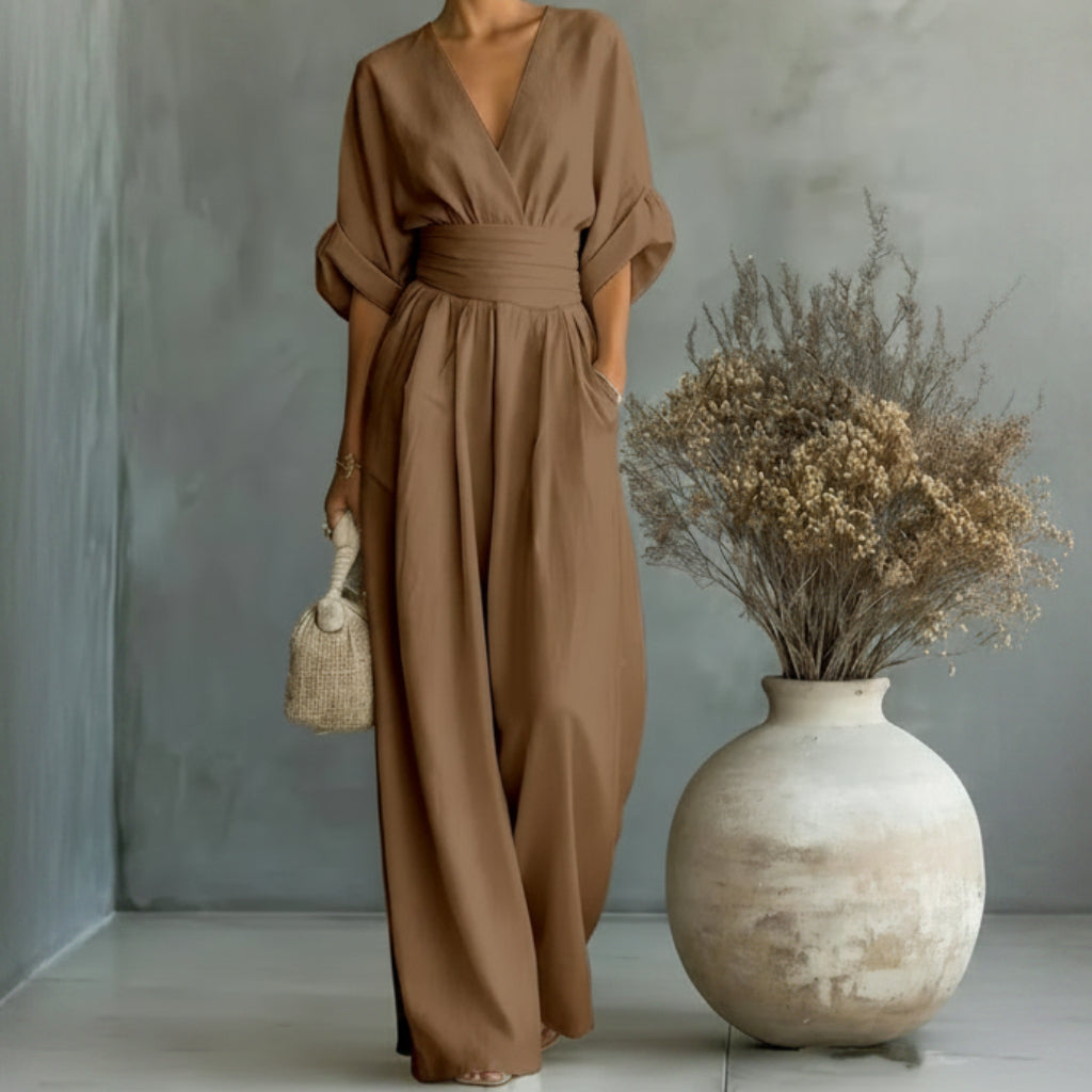 Casual Short-Sleeve V-Neck Wide-Leg Summer Jumpsuit