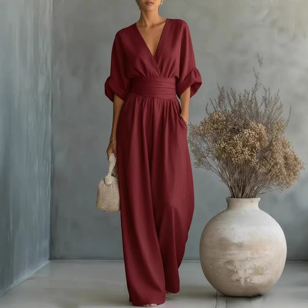 Casual Short-Sleeve V-Neck Wide-Leg Summer Jumpsuit