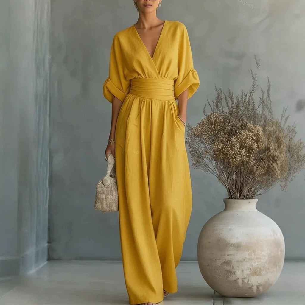 Casual Short-Sleeve V-Neck Wide-Leg Summer Jumpsuit