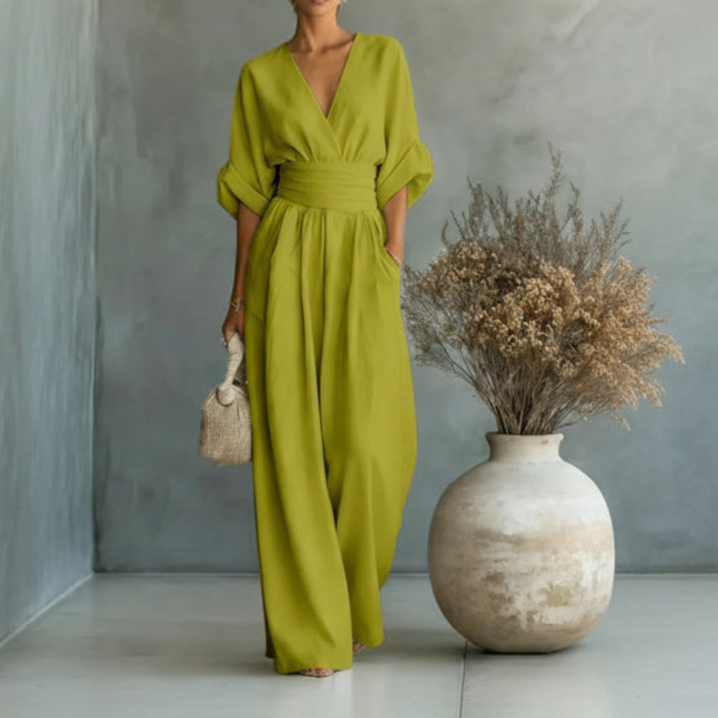 Casual Short-Sleeve V-Neck Wide-Leg Summer Jumpsuit